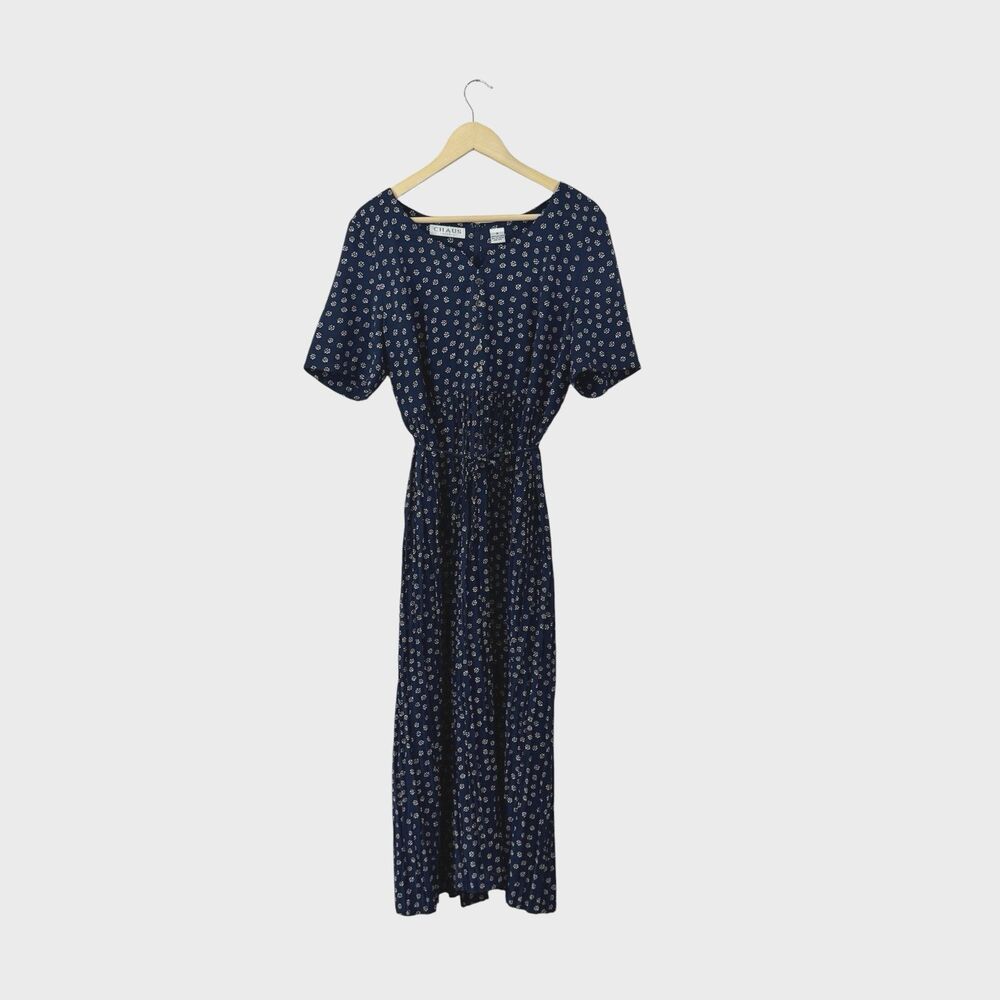 Vintage Chaus 16 Maxi Dress Modest Blue Floral Short Sleeve Tie Waist Womens